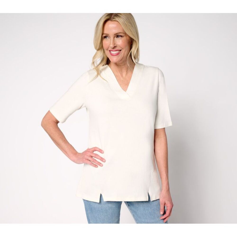 Denim & Co. Women's Top Sz L Essentials True Cotton V-Neck Slit Hem White